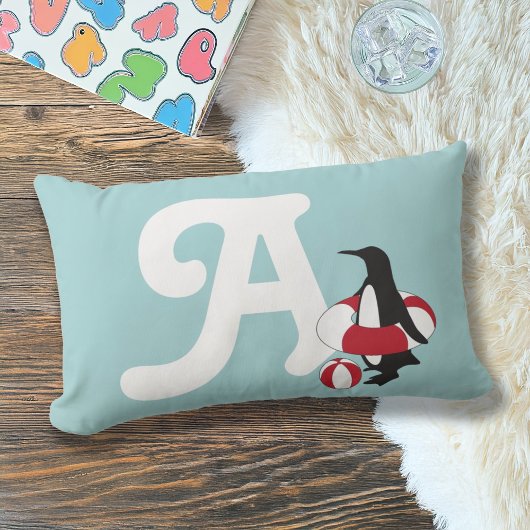 Coussin Rectangle Pingouin bleu clair nager Enfants Monogramme