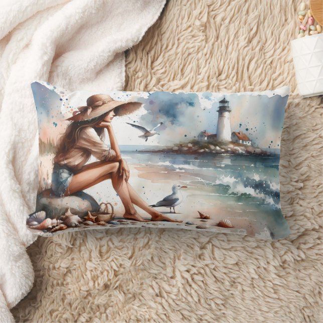 Coussin Rectangle Plage côtière fille et phare (Couverture)