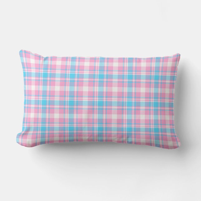 Coussin Rectangle Plaid bleu clair, rose et blanc (Recto)