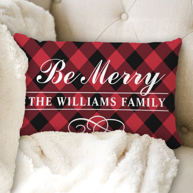Coussin Rectangle Plaid Rouge Familial Monogrammé "Be Merry" (Créateur téléchargé)