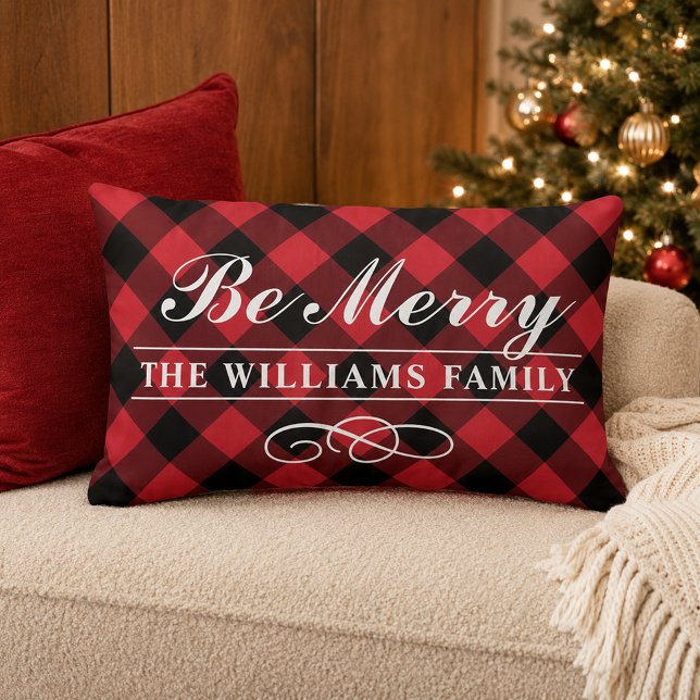 Coussin Rectangle Plaid Rouge Familial Monogrammé "Be Merry" (Créateur téléchargé)