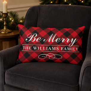 Coussin Rectangle Plaid Rouge Familial Monogrammé "Soyez Joyeux"