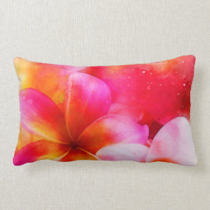 Coussin Rectangle Plumeria hawaïenne au néon rose, jaune et blanc