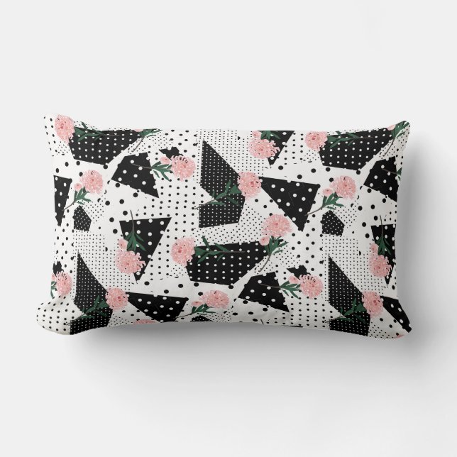 Coussin Rectangle Points Abstraits modernes et fleurs roses (Recto)