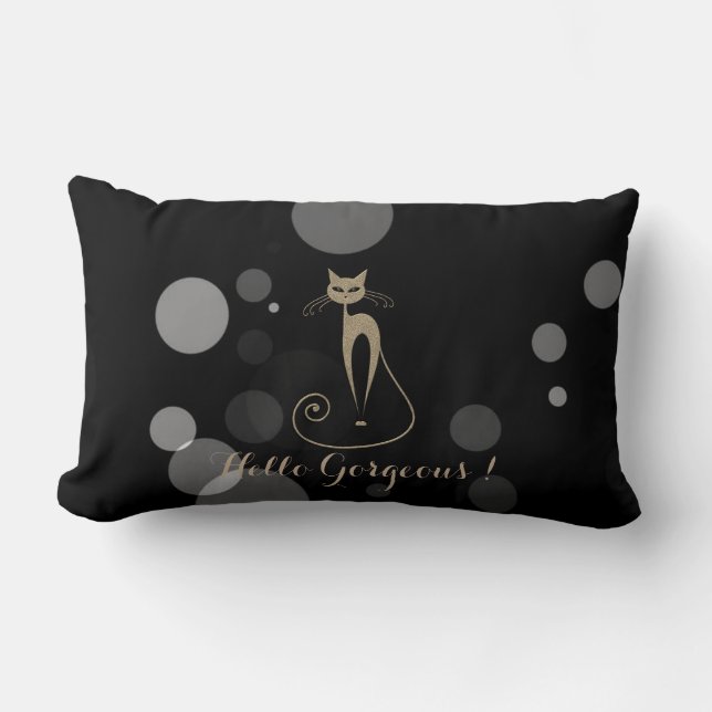 Coussin Rectangle Points Gris Sur Fond Noir,Chat,Bonjour Magnifique (Recto)