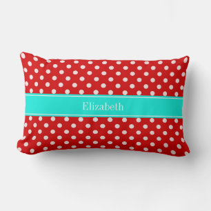 Coussin Rectangle Points Rouges et Blancs Monogramme Aqua Nom Bretel