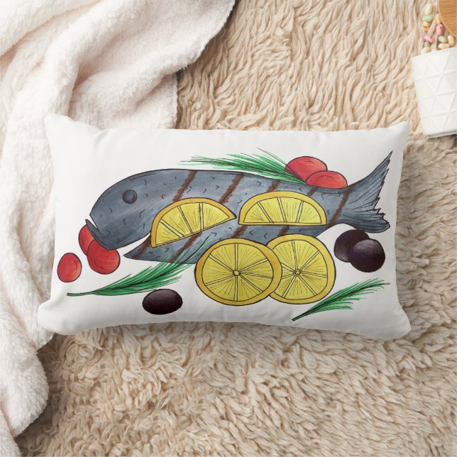 Coussin Rectangle Poisson Grillé Grec Fruits de mer Méditerranéens (Couverture)