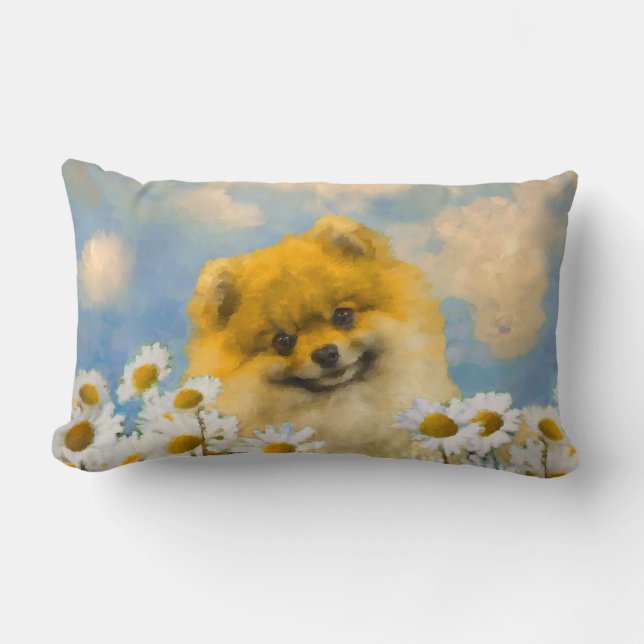 Coussin Rectangle Poméranien dans Daisies Peinture - Art Chien origi (Recto)