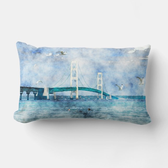 Coussin Rectangle Pont Mackinac Aquarelle Pittoresque Art (Recto)