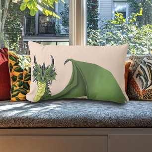 Coussin Rectangle Portrait de Dragon Mignon Vert Fantastique Pêche