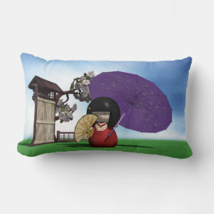 Coussin Rectangle Poupée Kokeshi Japonaise Art Cerisier en Fleur