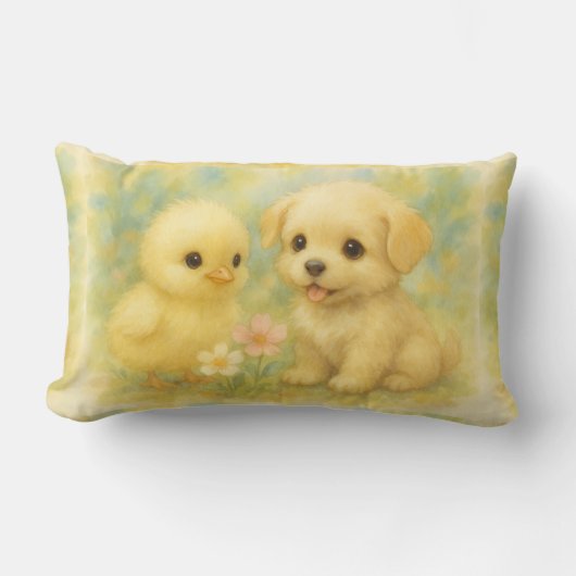 Coussin Rectangle Poussin et chiot, aquarelle de Natasha Us (Recto)