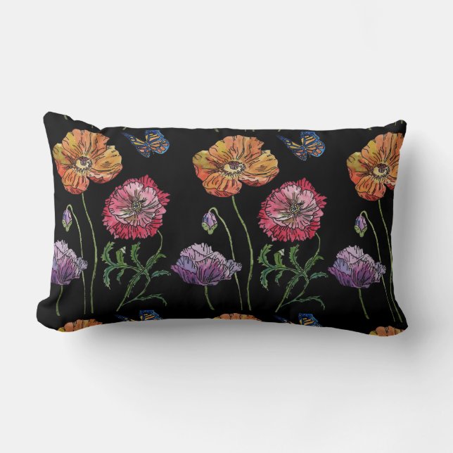 Coussin Rectangle Pretty Poppies Black Aquarelle Fleurs Floral Cu (Recto)