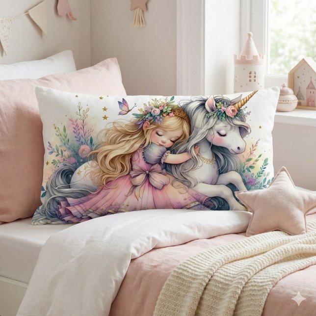 Coussin Rectangle Princesse Licorne Pastel Conte de Fée Fantastique (Princess Unicorn Pastel Fairytale Fantasy Lumbar Pillow Mockup A)