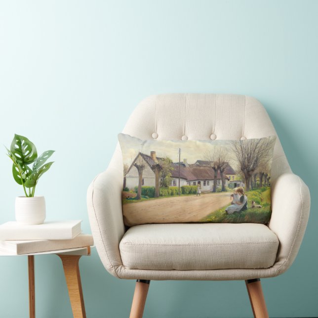 Coussin Rectangle Printemps dans le village avec les filles sur le b (Chaise)