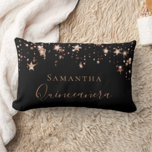 Coussin Rectangle Quinceanera noir rose or étoiles nom
