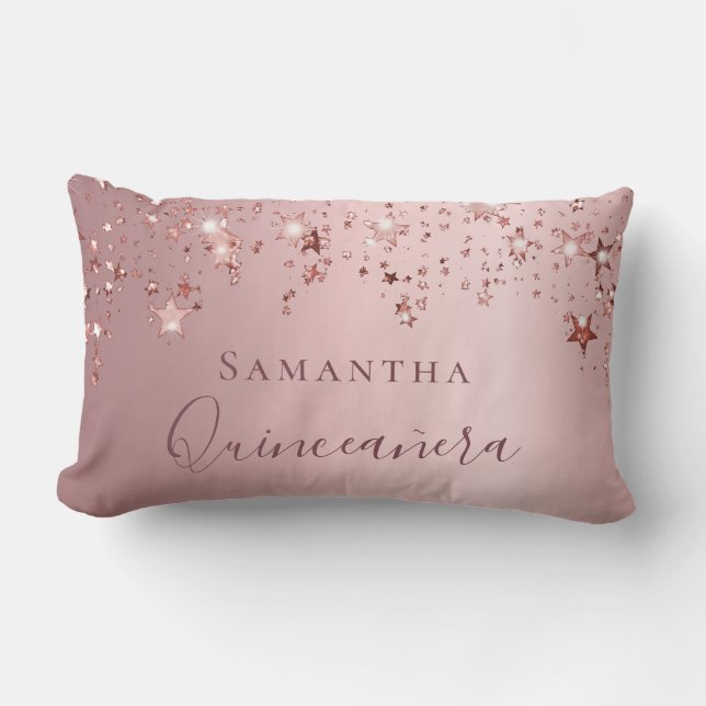 Coussin Rectangle Quinceanera rose pâle nom monogramme scintillant (Recto)