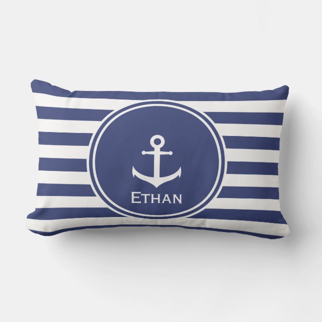 Coussin Rectangle Rayé bleu et blanc avec l'Ancre et le nom de (Recto)
