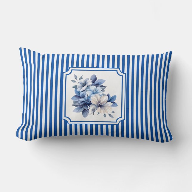 Coussin Rectangle Rayure à petits points bleue cobalt Floral (Recto)