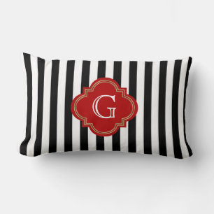 Coussin Rectangle Rayures blanches noires, monogramme rouge