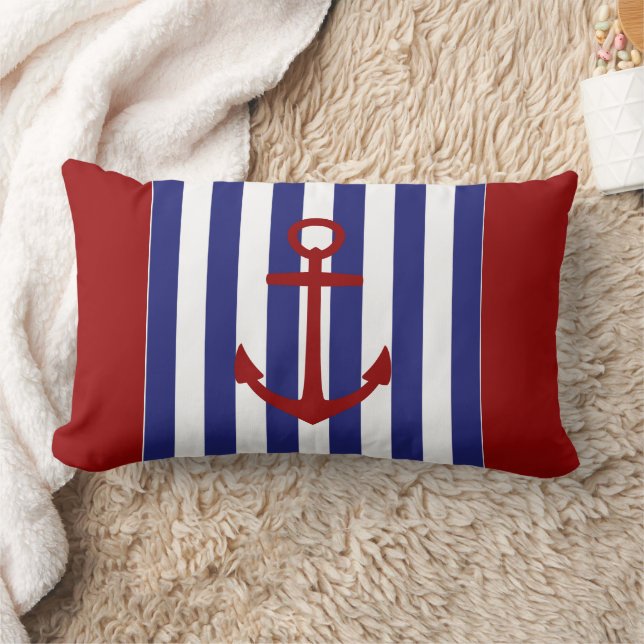 Coussin Rectangle Rayures bleues et blanches nautiques avec ancre ro (Couverture)