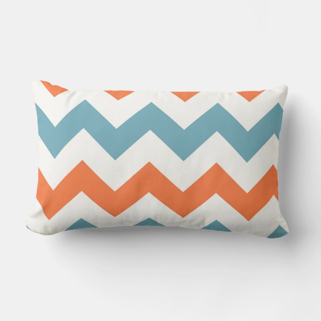 Coussin Rectangle Rayures bleues et oranges en pastel de Chevron (Recto)