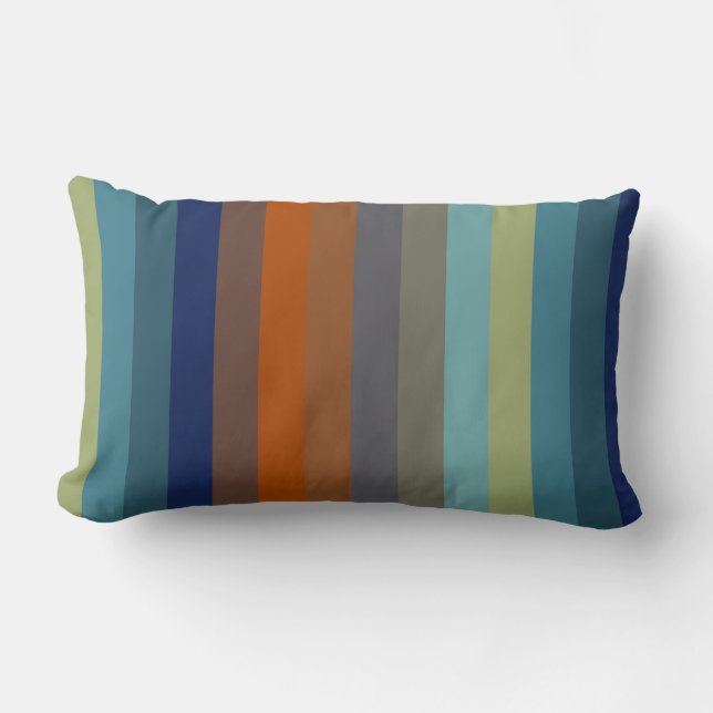 Coussin Rectangle Rayures bleues, orange, vertes, jaunes et grises (Recto)