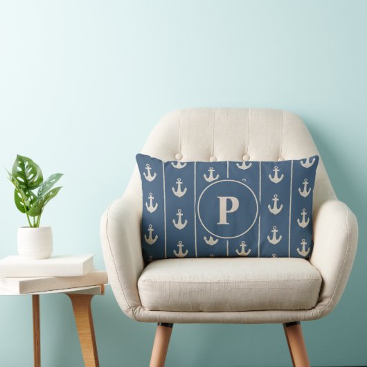 Coussin Rectangle Rayures d'ancre marine et de corde | Monogramme (Chaise)