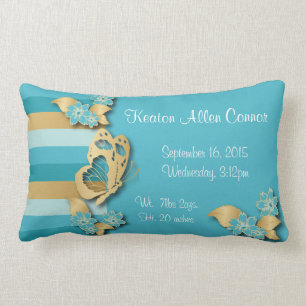 Coussin Rectangle Rayures de bleu et d'or avec des papillons pour le