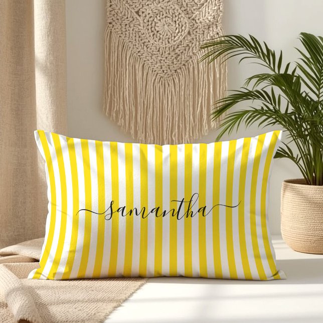 Coussin Rectangle Rayures de broches blanches et jaunes dorés Signat (Bright Yellow Gold or Golden Yellow and White Pin Stripes Signature Lumbar Pillow)