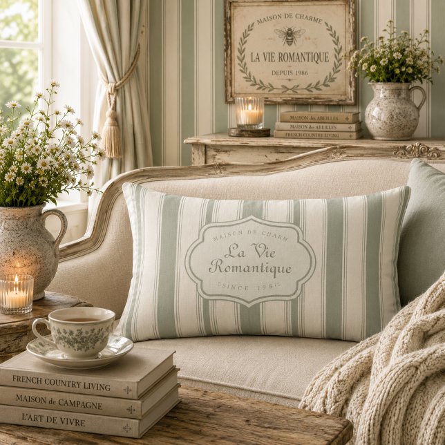 Coussin Rectangle Rayures de Sauge Subtile de Style Campagnard Franç (Créateur téléchargé)