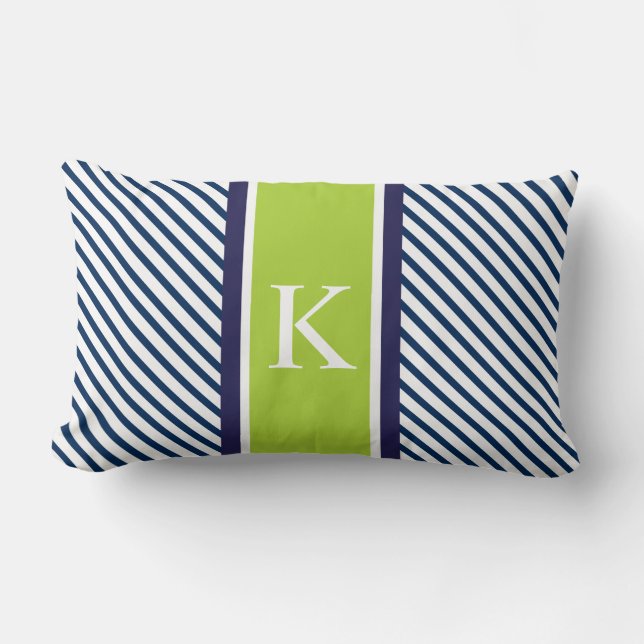 Coussin Rectangle Rayures et monogramme de vert de bleu marine (Recto)
