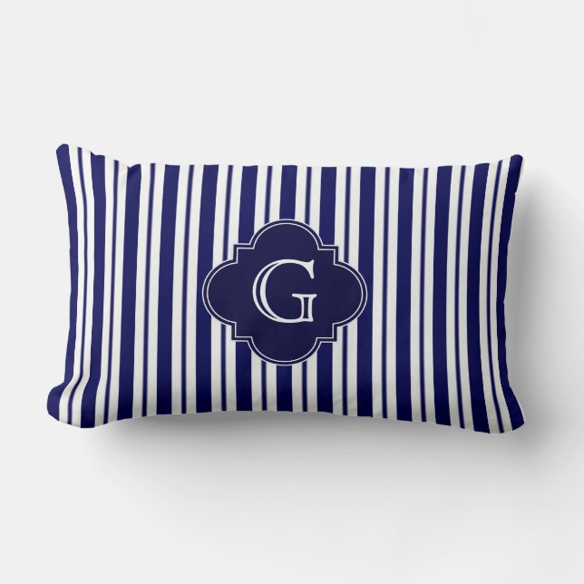 Coussin Rectangle Rayures irrégulières bleu marine blanc Label Monog (Recto)