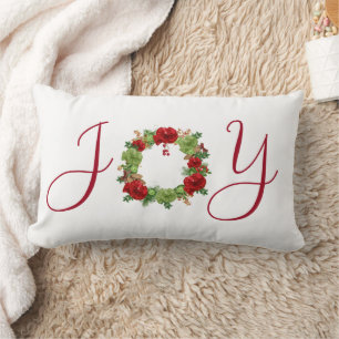 Coussin Rectangle Red and Green JOY Wreath Ajouter le nom Noël