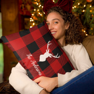 Coussin Rectangle Red Buffalo Plaid & Deer Nom personnel Cadeau
