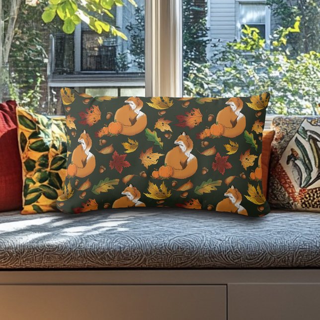 Coussin Rectangle Red Fox Feuilles Acorns Green (Créateur téléchargé)