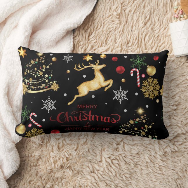 Coussin Rectangle Red Gold Reindeer Joyeux sapin de Noël (Couverture)