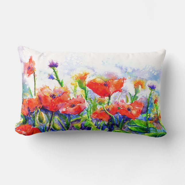Coussin Rectangle Red Poppy Fields -aquarelle peinture florale (Recto)