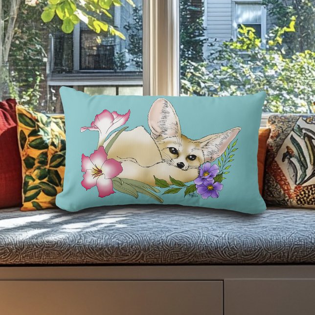 Coussin Rectangle Renard Fennec Fleurs Roses Violettes Mignon Botani (Créateur téléchargé)