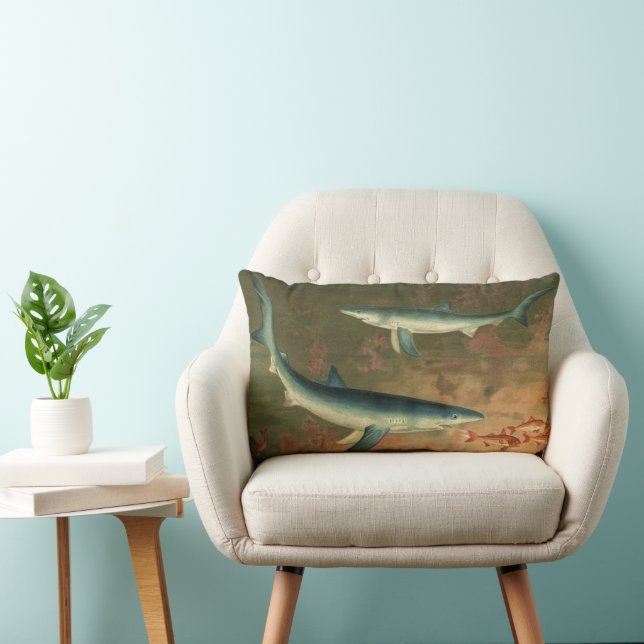 Coussin Rectangle Requins Bleus Mangeant des Poissons, Vieille Vie M (Chaise)