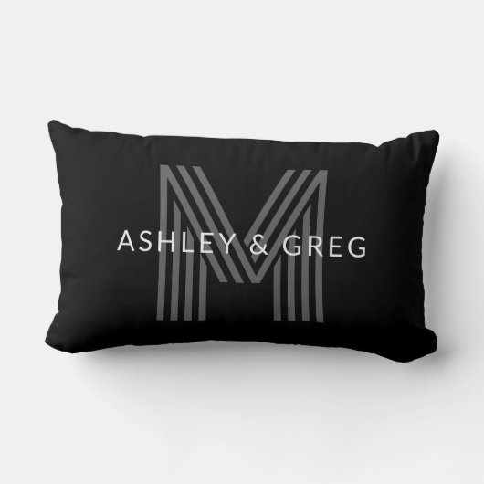 Coussin Rectangle Retro Moderne Nom/s Monogramme modifiable Noir et  (Verso)