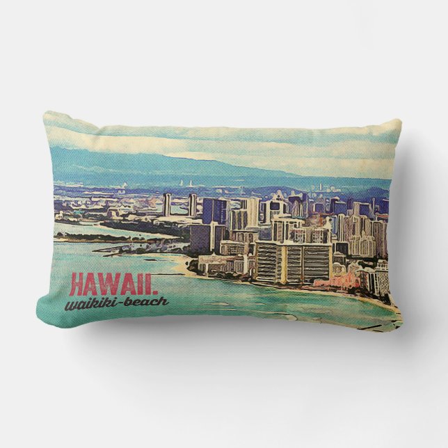 Coussin Rectangle Rétro vieille plage de Waikiki d'île d'Hawaï Oahu (Recto)