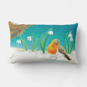 Coussin Rectangle Robin Oiseau, neige et gouttes de neige Illustrati