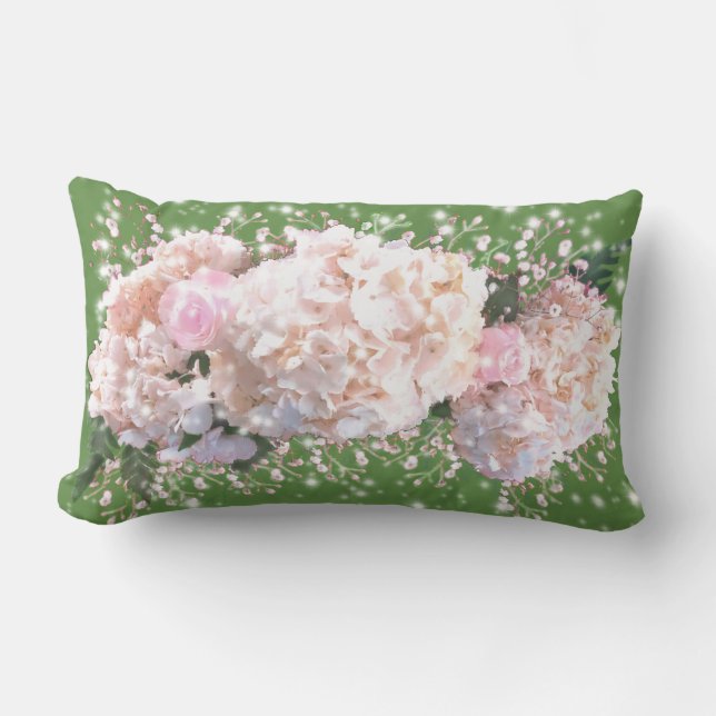 Coussin Rectangle Romantique dentelle blanche hydrangée roses roses (Recto)