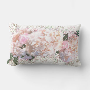 Coussin Rectangle Romantique dentelle blanche hydrangée roses roses