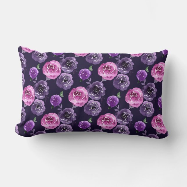 Coussin Rectangle Romantique Purple & Rose Aquarelle Rose Floral (Recto)