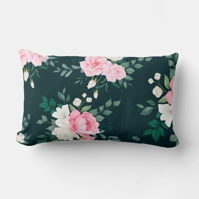 Coussin Rectangle rose, blanc floral noir sol (Recto)