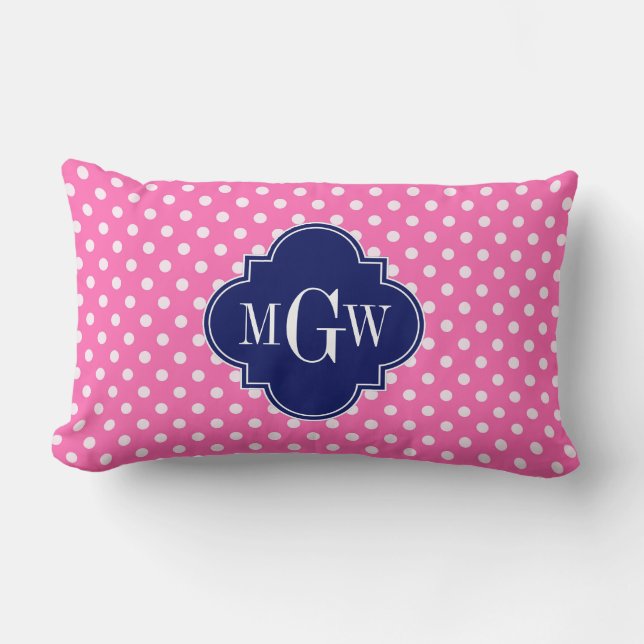 Coussin Rectangle Rose Chaud Blanc Points de Polka Navy Quatrefoil 3 (Recto)