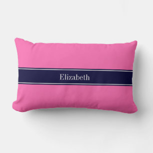 Coussin Rectangle Rose Chaud Uni #2, Monogramme avec Ruban Bleu Mari