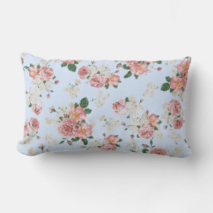 Coussin Rectangle Rose et crème sur la flore Vintage bleue